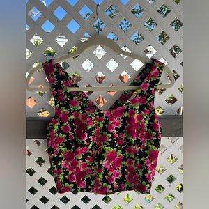 Floral crop top. Size: M Color: Hot pink, Black, and shades of green.